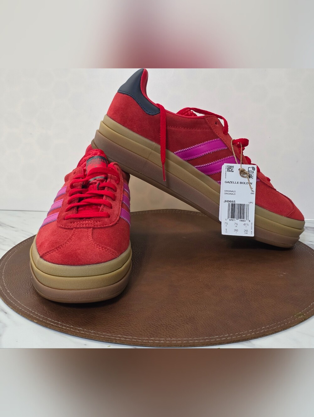 adidas Gazelle Platform Sneakers in Red with Pink Stripes - Picture 6 of 9